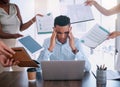 Business man tired from workload, management of time schedule project priority and employee burnout. Anxiety depression