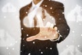 Business man touching connect to data information on the cloud icon computing network., Backup Storage Data Internet, networking a Royalty Free Stock Photo