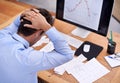 Business man, trader with burnout and tired at work, stress about job and graphs on screen. Stock market crash, headache Royalty Free Stock Photo