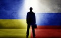 Business man, Ukraine and Russia flag for deal, choice and immigration from warzone with sanction. Politics, government