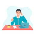 Business man using laptop and talking on phone. Royalty Free Stock Photo