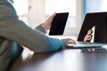 Business Man Using Tablet And Laptop Computer Typing Businessman Sitting Desk In Coworking Center Working Royalty Free Stock Photo