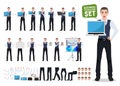 Business man vector character creation set with male office person showing laptop screen Royalty Free Stock Photo