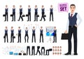 Business man vector character creation set with male office worker holding briefcase