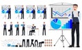 Business man vector character creation set with male sales person showing chart board presentation Royalty Free Stock Photo