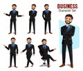 Business man vector character set. Businessman male company head characters in thinking, standing and sitting pose and gestures.