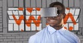 Business man in virtual reality headset against grey and orange hand drawn windows