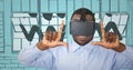 Business man in virtual reality headset doing photo gesture against blue hand drawn windows