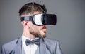 Business man virtual reality. Modern gadget. Innovation and technological advances. Business implement modern technology Royalty Free Stock Photo