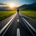 Business man walking down a country road at sunset Royalty Free Stock Photo