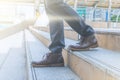 The business man walking down the staircase go to work Royalty Free Stock Photo