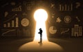 Business man Walking Through A keyhole Light Door In a Big Hall With Business Symbols and signs In wall. The key to success