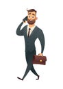 Business man walking with phone and suitcase success character Royalty Free Stock Photo