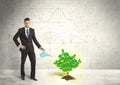 Business man watering a growing green dollar sign tree Royalty Free Stock Photo