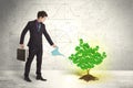 Business man watering a growing green dollar sign tree Royalty Free Stock Photo