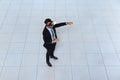 Business Man Wear Digital Glasses, Businessman Hold Hand Virtual Reality
