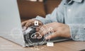 Business man wear grey shirt using laptop  for digital online marketing on office desk. Business & finance technology concept.icon Royalty Free Stock Photo