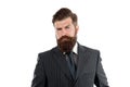 Business man wear suit. Serious bearded man. Boss or director. Handsome hipster white background. Menswear concept