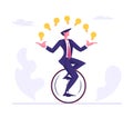 Business Man Wearing Formal Suit Riding Monowheel Juggling with Glowing Light Bulbs. Businessman Character Racing Royalty Free Stock Photo