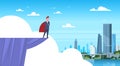 Business Man Wearing Red Cape Standing On Mountain Edge Looking At Modern City Businessman Hero