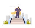 business man wearing super hero cape standing on stairway successful business plan opportunity achievement leadership