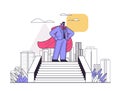 business man wearing super hero cape standing on stairway successful business plan opportunity achievement leadership