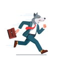 Business man with wolf head running with briefcase