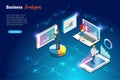 Business man and woman analysing virtual growth graph revenue and profit charts on computer and smart phone. Intelligent digital