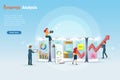 Business man and woman analysing virtual growth graph revenue and profit charts on smart phone. Intelligent digital technology
