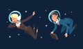 Business Man and Woman Characters in Suit and Astronaut Helmets Flying in Outer Space Among Stars Vector Set Royalty Free Stock Photo