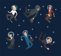 Business Man and Woman Characters in Suit and Astronaut Helmets Flying in Outer Space Among Stars Vector Set Royalty Free Stock Photo