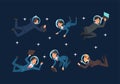 Business Man and Woman Characters in Suit and Astronaut Helmets Flying in Outer Space Among Stars Vector Set Royalty Free Stock Photo