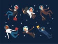 Business Man and Woman Characters in Suit and Astronaut Helmets Flying in Outer Space Among Stars Vector Set Royalty Free Stock Photo