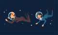 Business Man and Woman Characters in Suit and Astronaut Helmets Flying in Outer Space Among Stars Vector Set Royalty Free Stock Photo