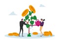 Business Man and Woman Characters Watering Money Tree, Growing Wealth Capital for Refund Care of Plant with Gold Coins