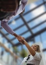 business man and woman handshake, sky view in the office Royalty Free Stock Photo