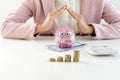 Business man woman hold collect coin in the row in Royalty Free Stock Photo