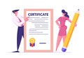 Business Man and Woman with Huge Pencil Holding Insurance Certificate with Seal Stamp for Protection of Health