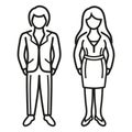 Business man and woman person, office worker, toilet couple, company staff line icon. Elegant male and female family figure vector