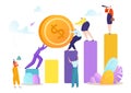Business man woman push coin at professional work people team concept, vector illustration. Dollar money success profit