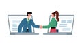 Business man and woman shaking hands online, flat vector illustration isolated. Royalty Free Stock Photo