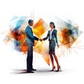 Business man and woman shaking hands polygon graphic illustration on white background