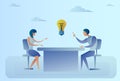 Business Man And Woman Sitting At Desk Discuss New Creative Idea Concept Light Bulb Royalty Free Stock Photo