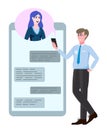 Business man and woman, virtual meeting. Video call and conference vector illustration with smartphone screens