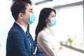 Business man and woman wearing medical face mask while working in office Royalty Free Stock Photo