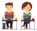 Business man and woman working at the computer and laptop vector illustration in flat style, isolated on white background.  Boy an Royalty Free Stock Photo