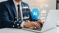 Business Man Working with Artificial Intelligence AI Data and Analytics Interface. Royalty Free Stock Photo