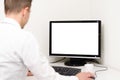 Business man working behind a computer with white screen