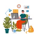 Business man working on computer at the desk, cute cozy home workplace, cartoon style. Online career, self employed