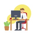 Business man working on computer at the office Vector flat style illustration Royalty Free Stock Photo